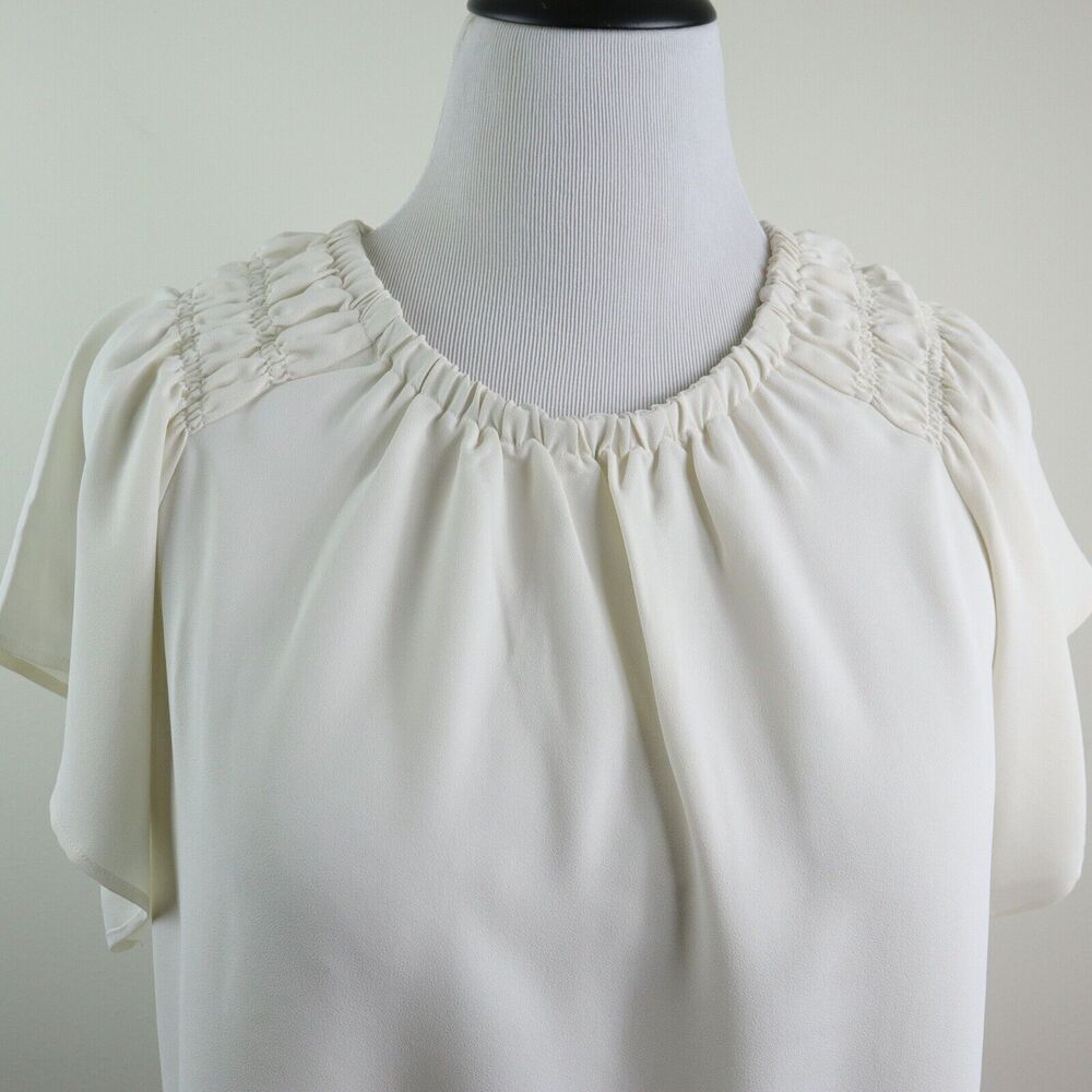 Ann Taylor Size Petite L Tiered Sleeve Boatneck Blouse Ivory Crepe - Picture 8 of 10